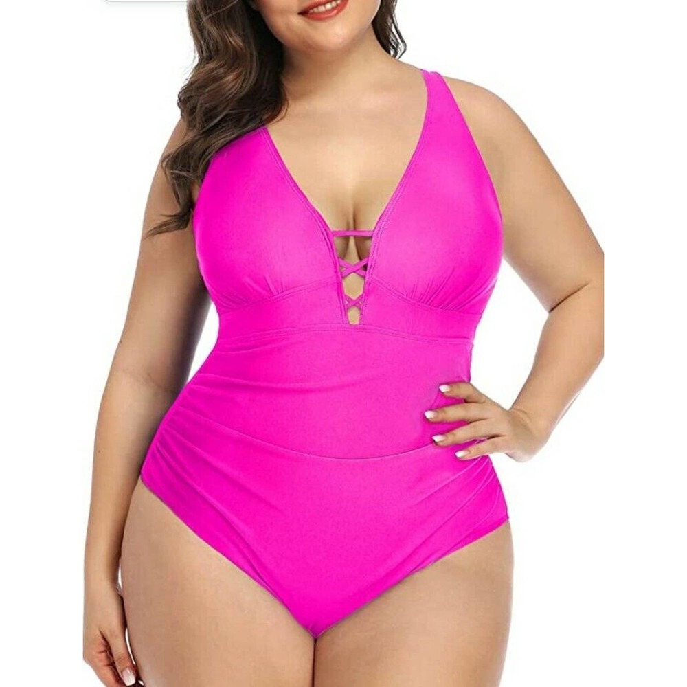 Yonique NEW Women Swimsuit Size 18 Pink Tummy Control Criss Cross V-Neck. - Picture 3 of 7
